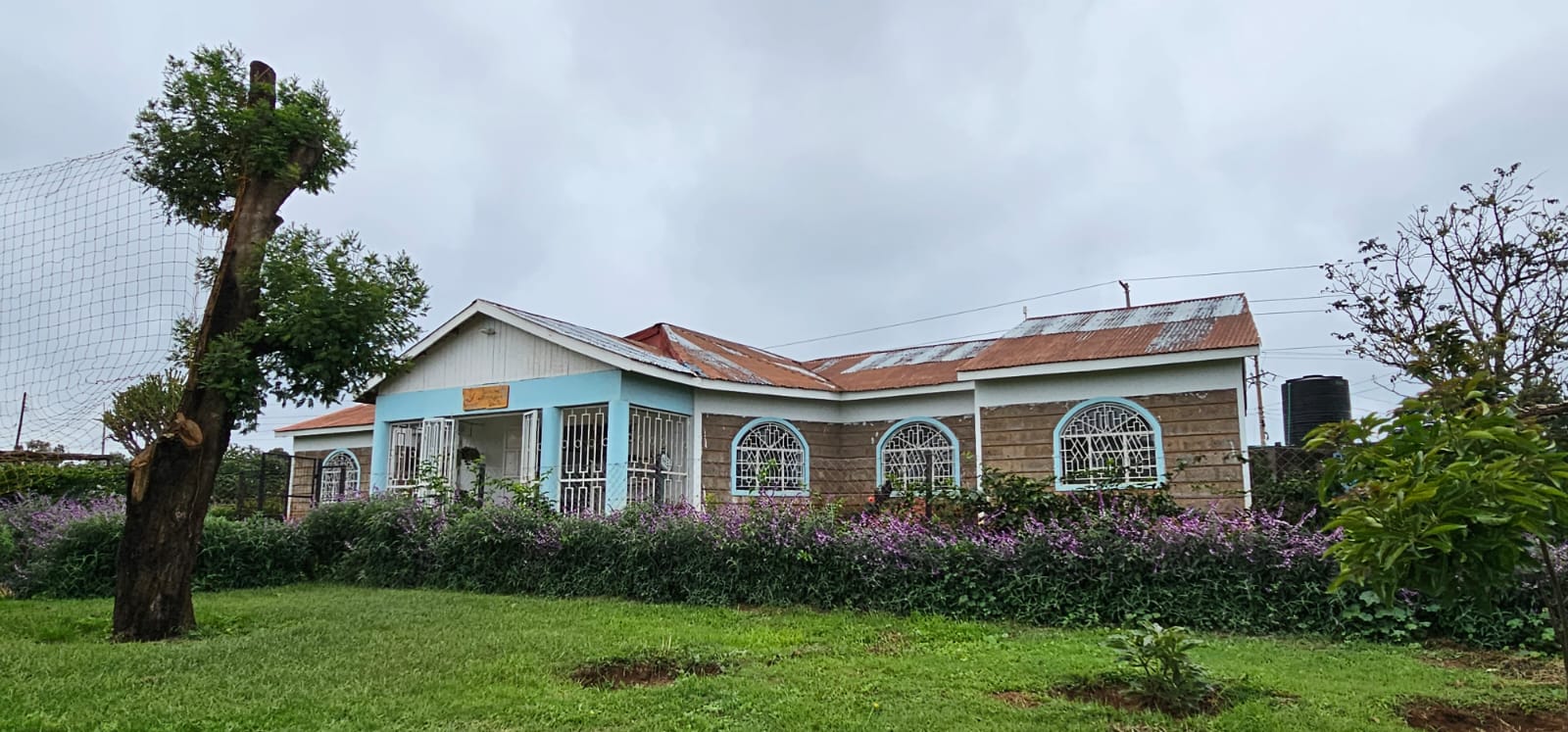 The college building and flower gardens